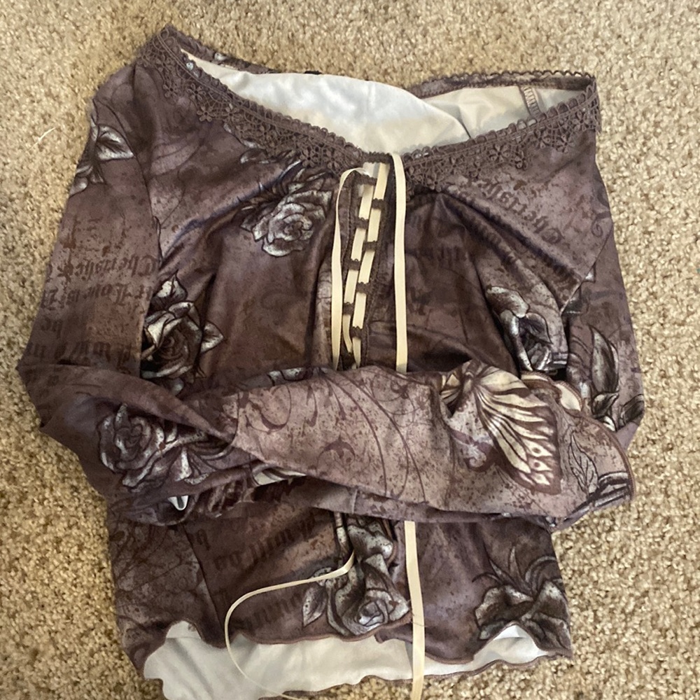 Western Cowgirl Butterfly & Floral Print Contrast Guipure Lace Tie Front Top